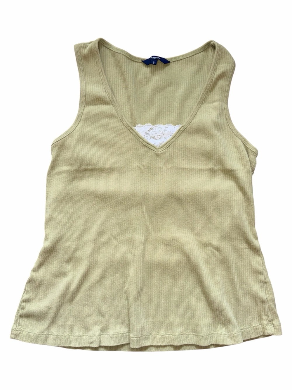Reitmans Y2K Green Ribbed White Lace Trim V Neck Tank Top Fairycore Cottagecore